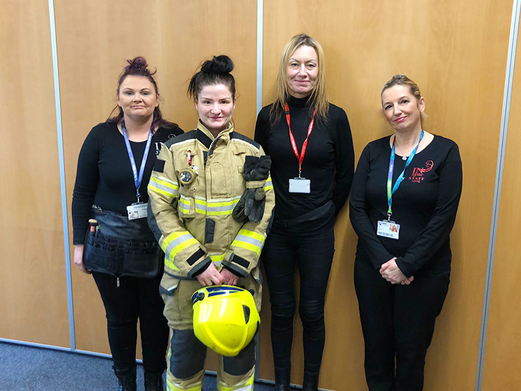 Some of the Media Make-up Students stood with one of the firefighters and their tutor Anne Derbyshire.
